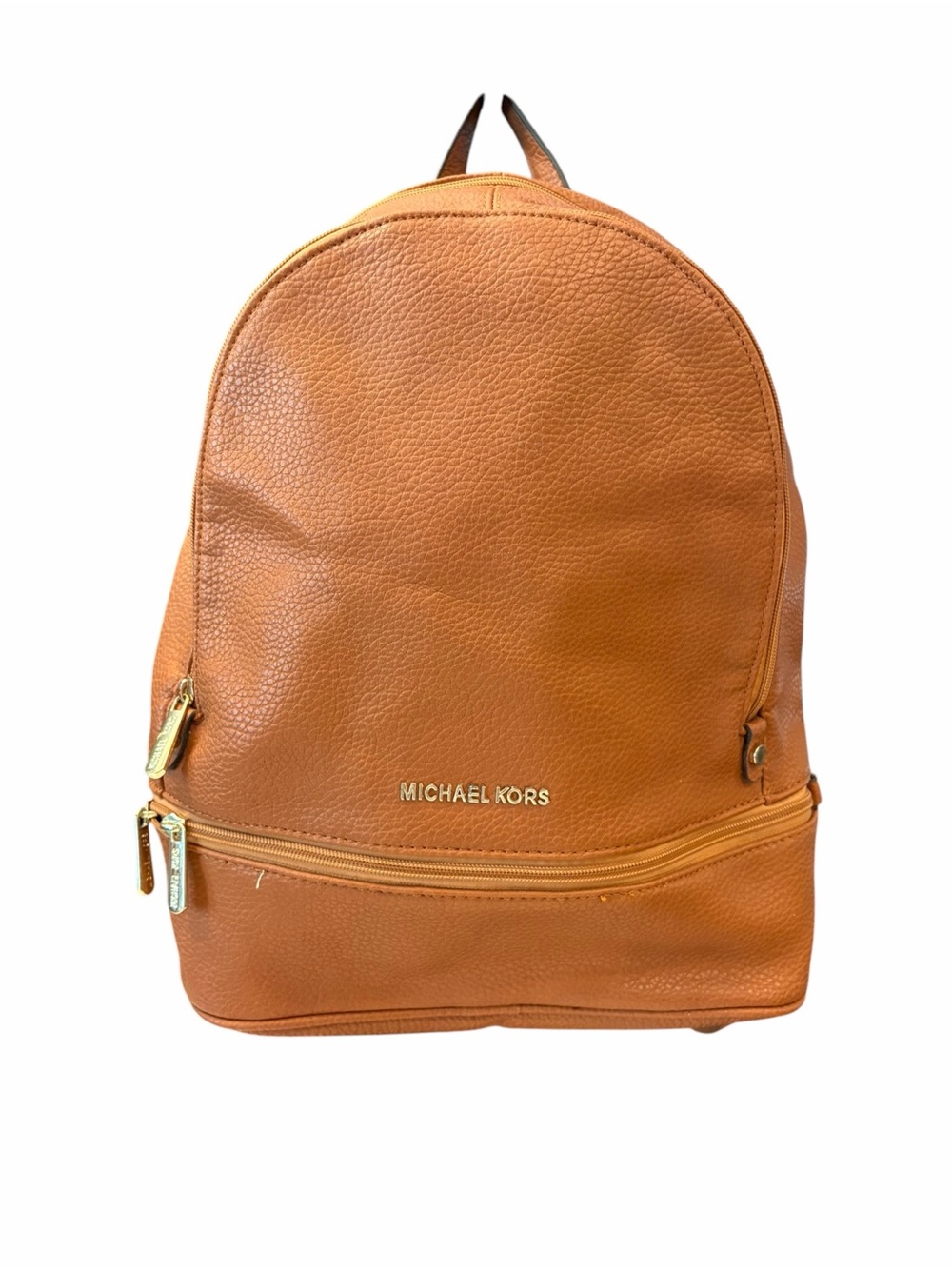 Michael Kors Rhea Zip Backpack Luggage Tan Pebbled Leather Medium 3 Zip Sections